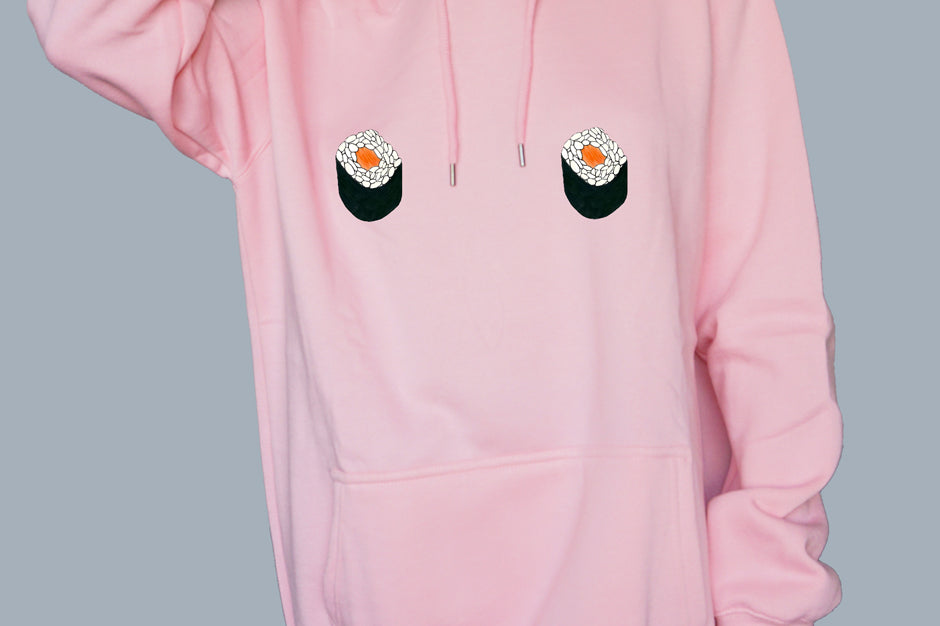 Kawaii Salmon Maki Oversized Hoodie - Free The Nipple - Pastel Pink