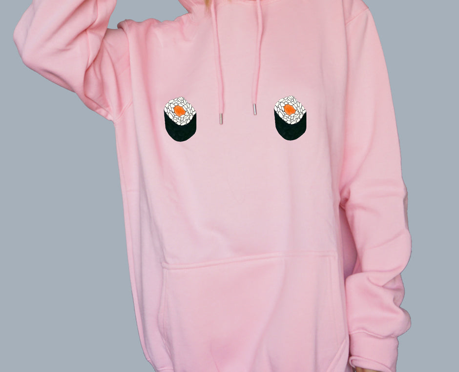 Kawaii Salmon Maki Oversized Hoodie - Free The Nipple - Pastel Pink